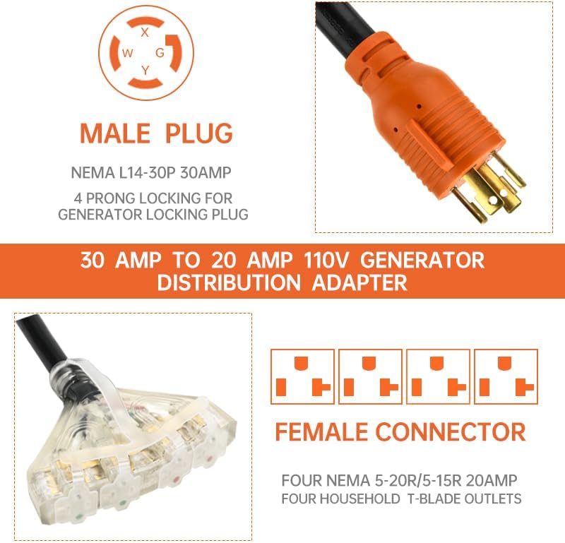 NVKABVY 30 Amp to 110 Adapter RV Cord, 30 Amp to 20 Amp Adapter, l14-30P Male to 4X 5-15R/5-20R T-Blade Household Outlet Female with Lighted Power Indicator UL Listed (L14-30P to 4X5-15R/5-20R) - Image 5